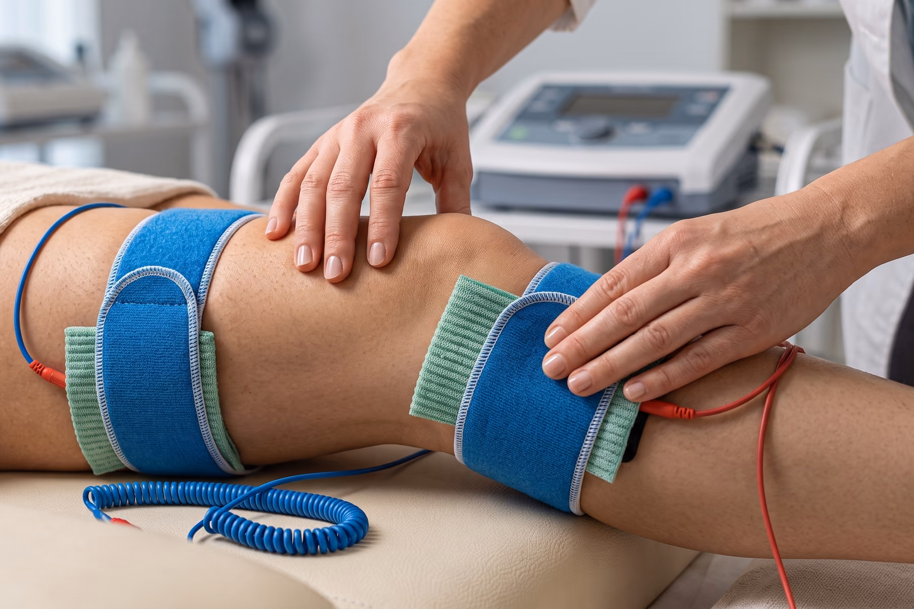 Electrozi cu burete umed fixați cu benzi elastice deasupra și sub genunchiul unui pacient întins pe canapeaua de tratament, cu mâinile terapeutului sprijinite pe genunchi