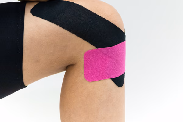 Genunchi cu benzi de kinesiotaping aplicate peste articulație